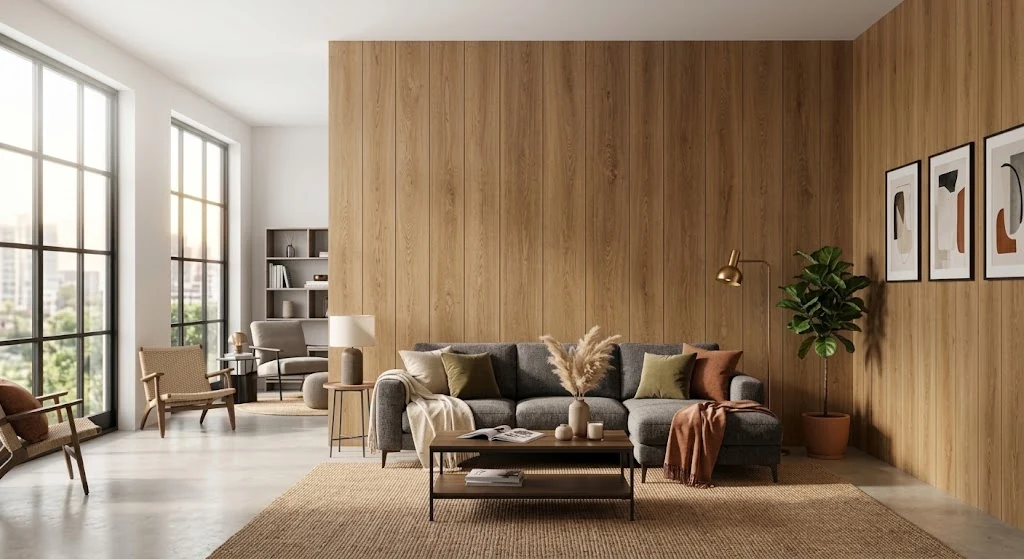 Wood-look wall panels in a contemporary living room