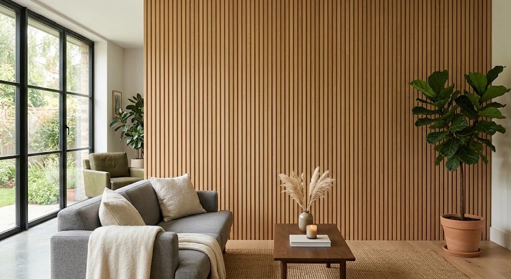 Fluted wood-look feature wall in a lounge