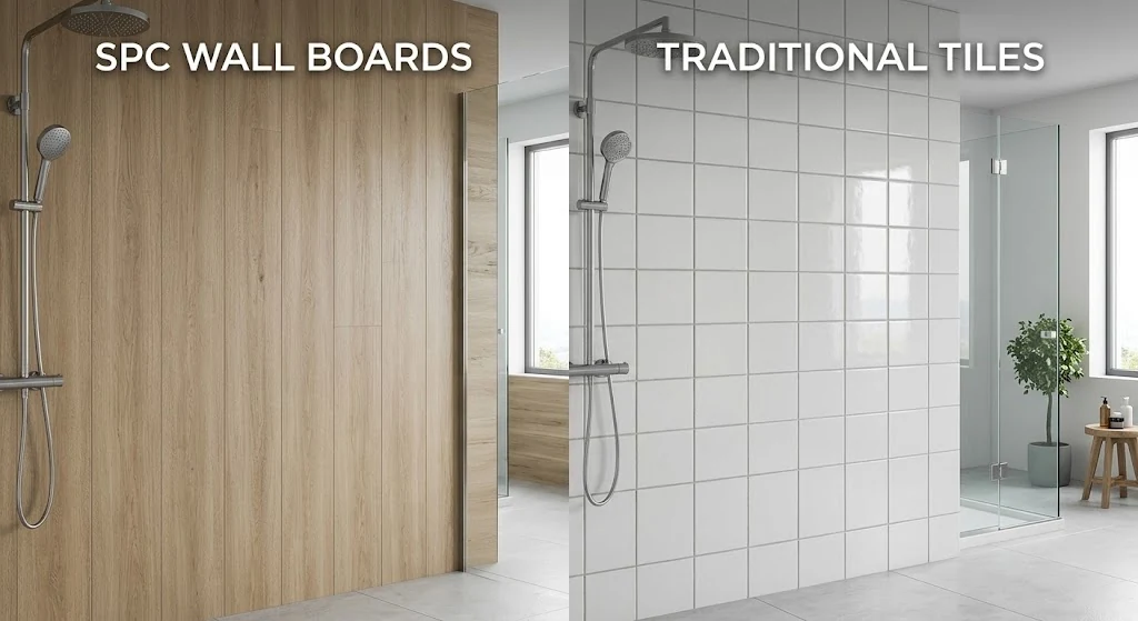 SPC wall board and traditional tile comparison