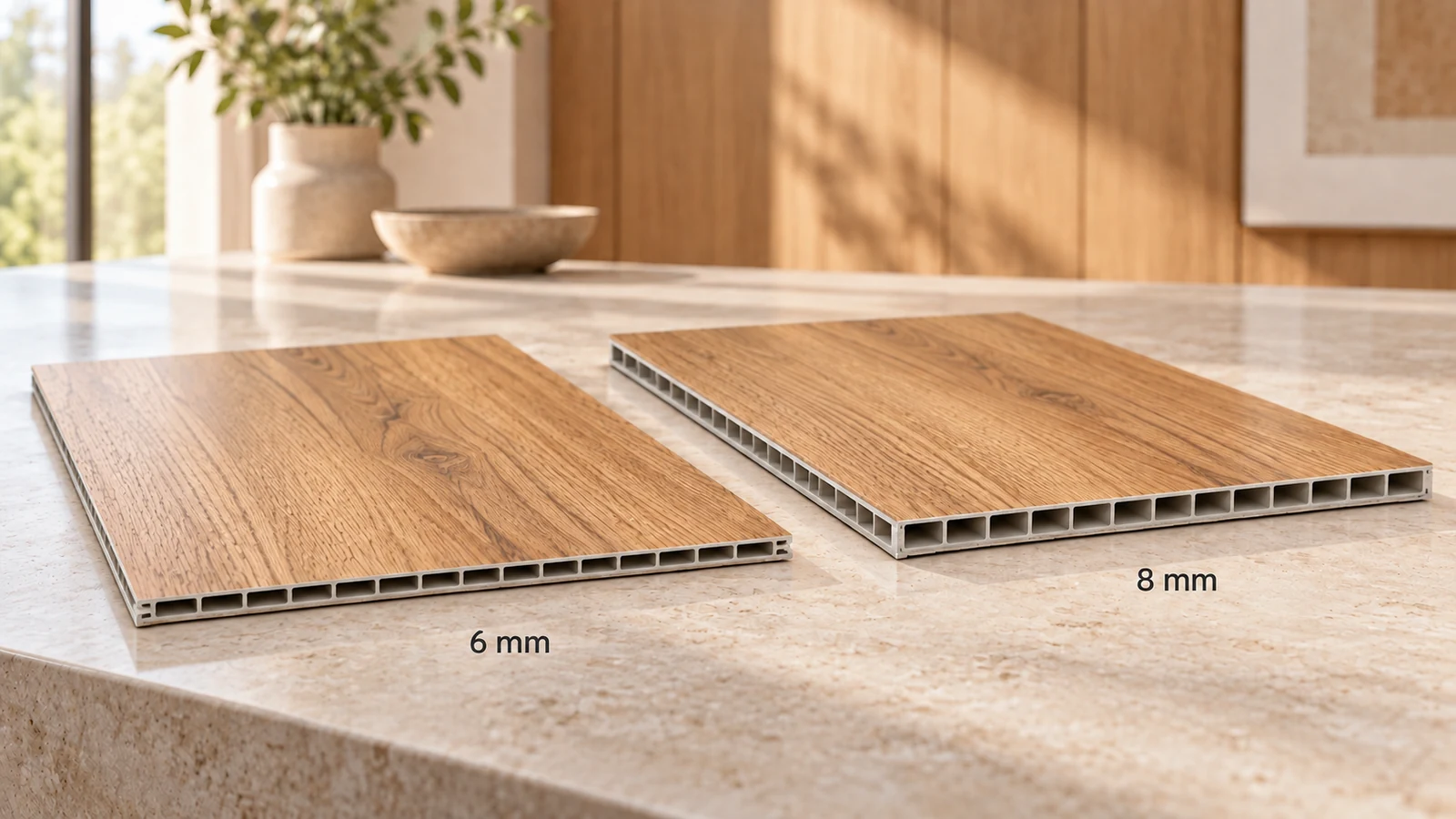 Panel cross sections comparing 6 mm and 8 mm thickness