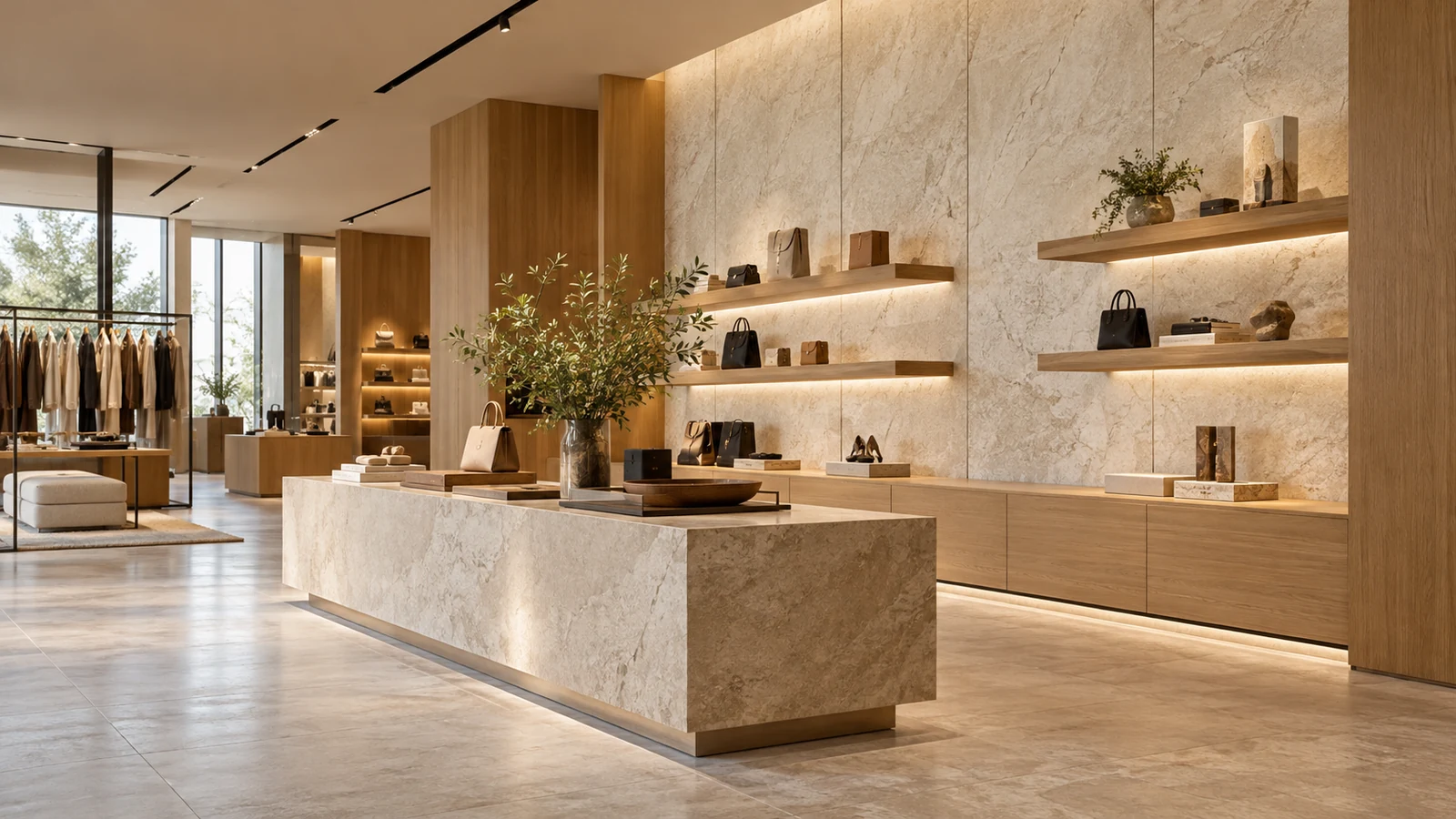 Illustrative retail interior with stone-look display walls