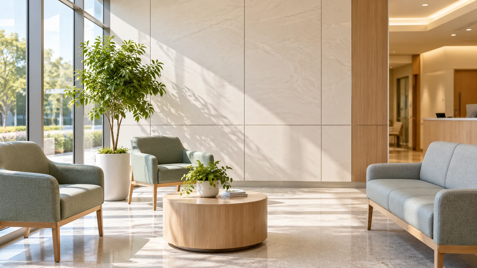 Illustrative healthcare waiting area with panelled walls