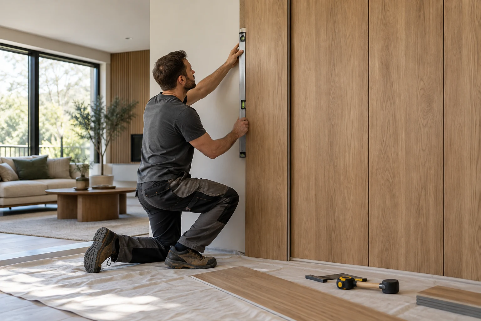 Installer aligning a wood-look wall panel