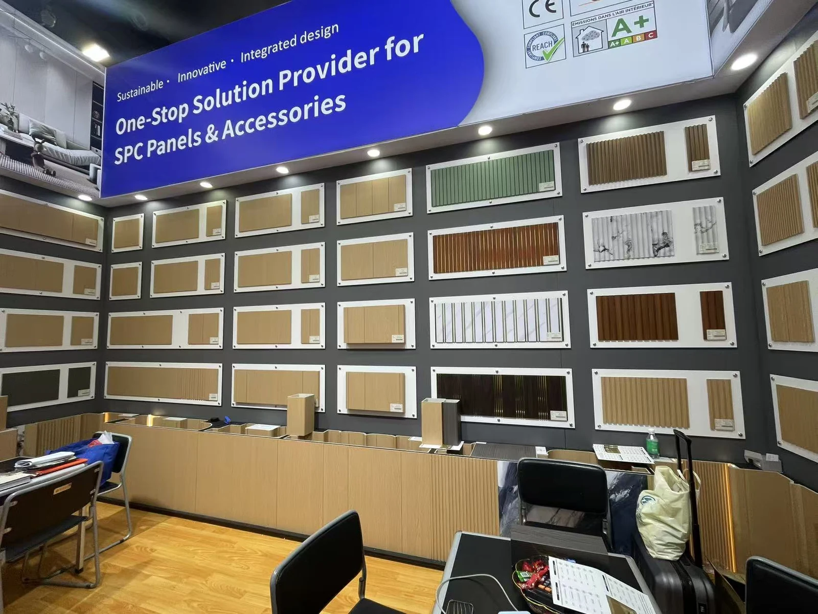 Wall panel samples displayed at an exhibition booth