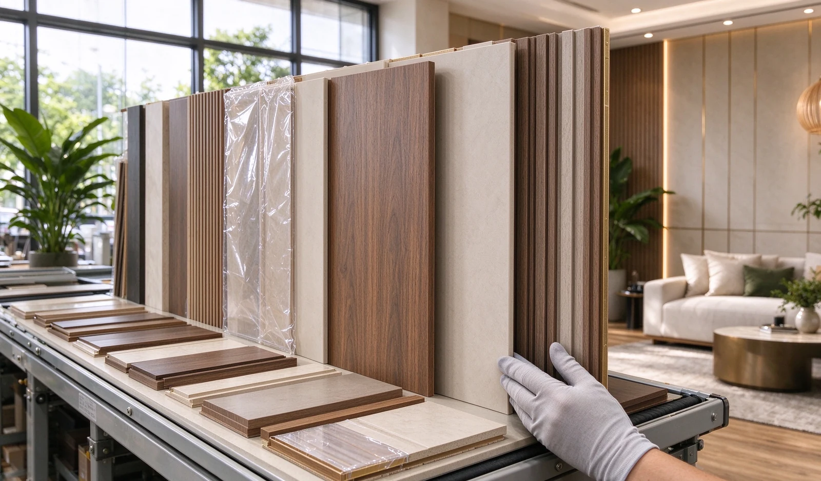 Wall panel finish samples displayed for selection