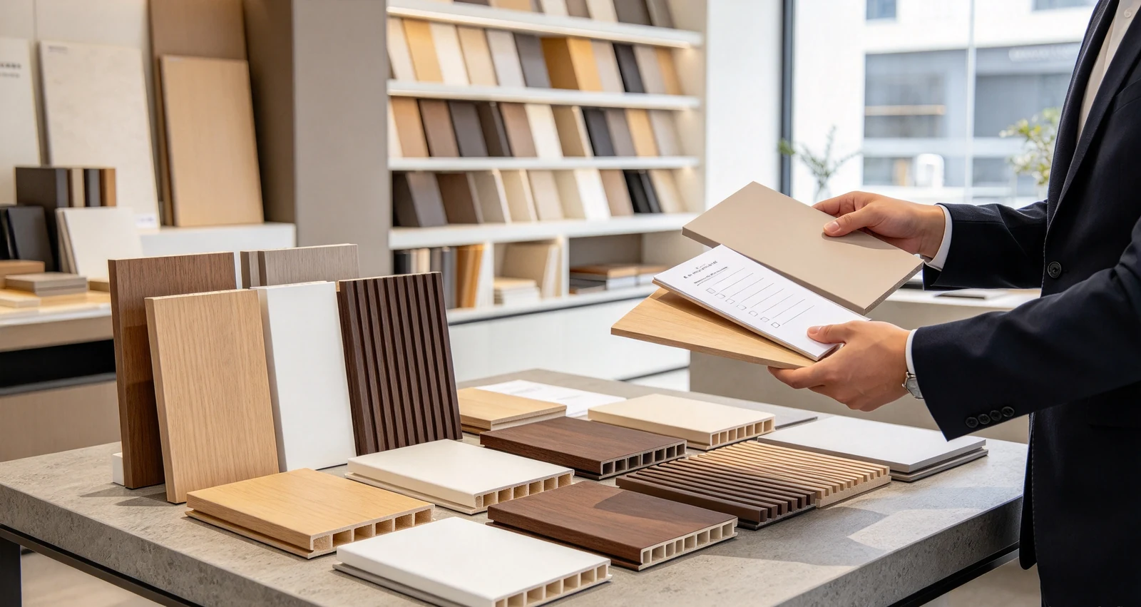 Supplier reviewing wall panel samples in a materials library