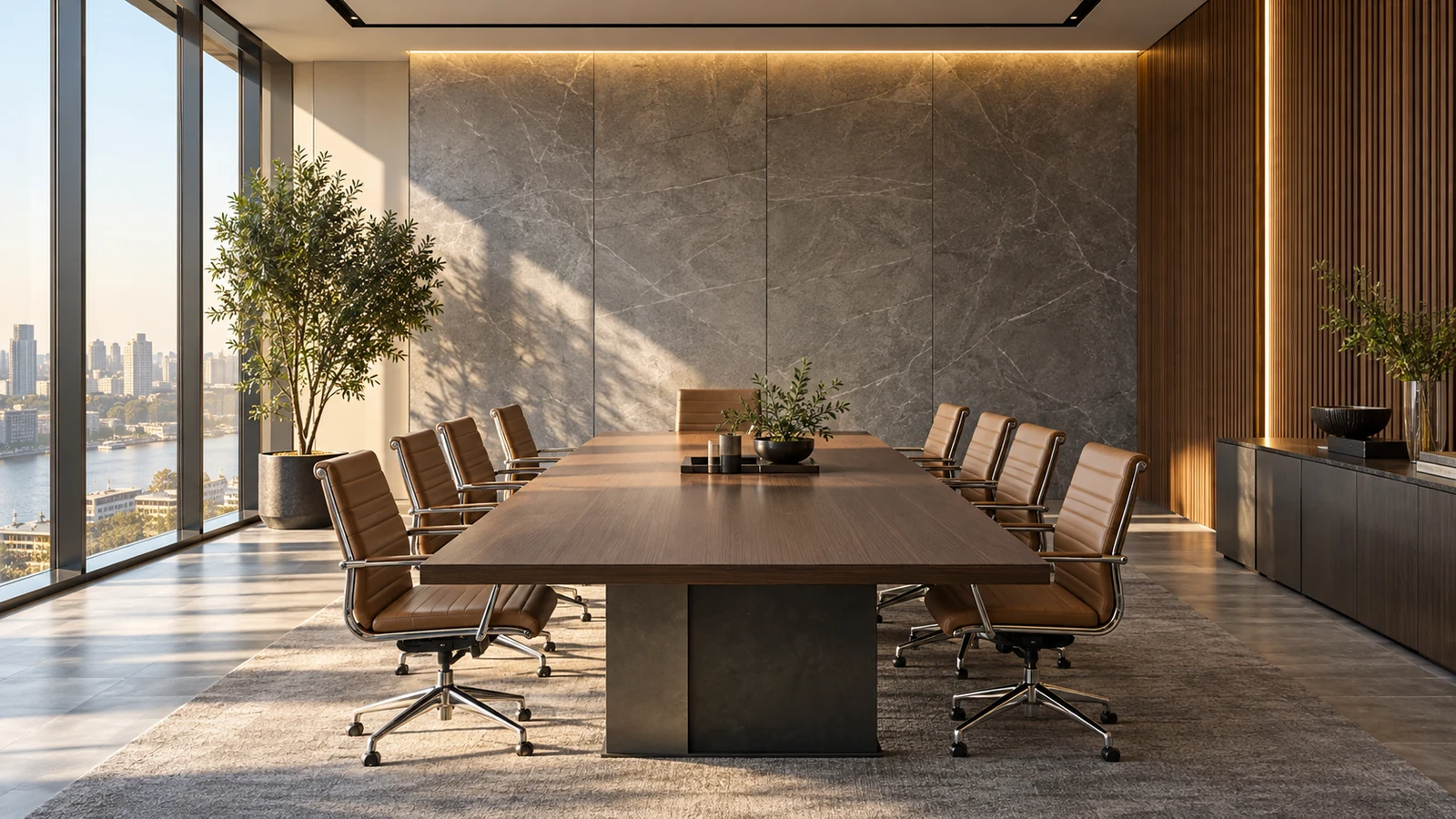 Illustrative boardroom with stone-look and wood-look feature walls