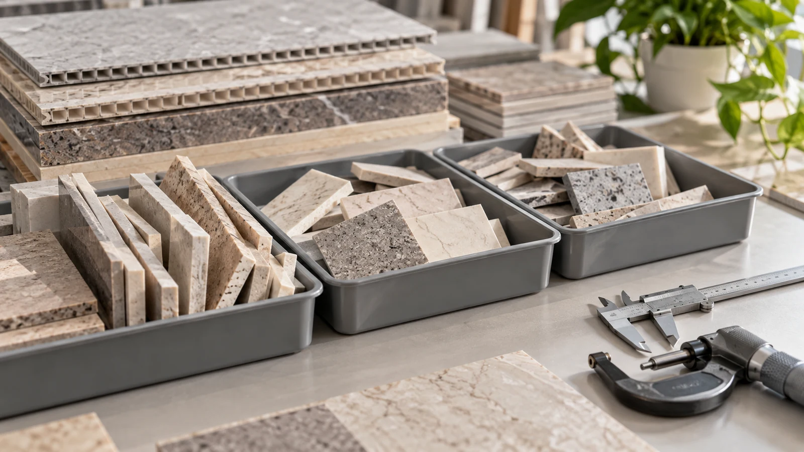 Illustrative material sorting trays with panel offcuts and measuring tools