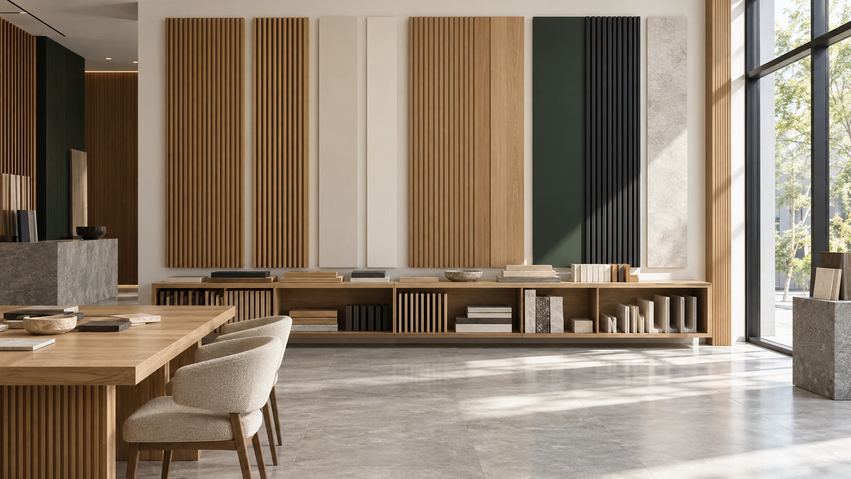 Architectural showroom illustration with wall boards and fluted panels
